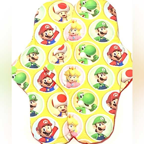 2 Heavy Plus Cloth Menstrual Pads in Fun Mario Land Print 10 inches/New Handmade - Picture 1 of 6